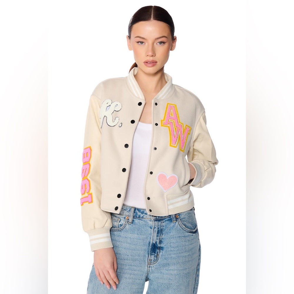 AKIRA OKAY TONAL VARSITY BOMBER JACKET